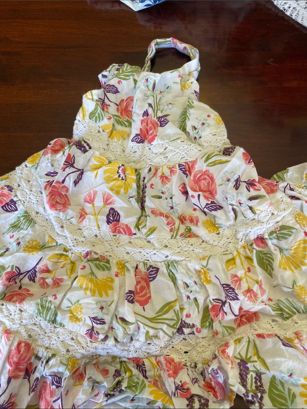 Artisan Ny White Floral Halter Ruffle Dress with Pink Yellow Green and Purple